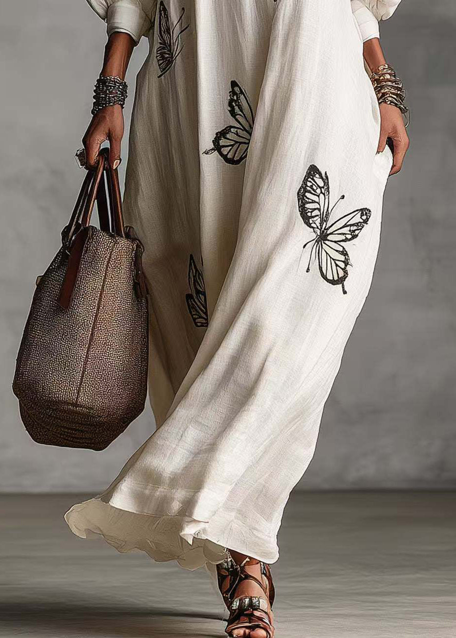 French White V Neck Butterfly Print  Vacation Dresses Long Sleeve
