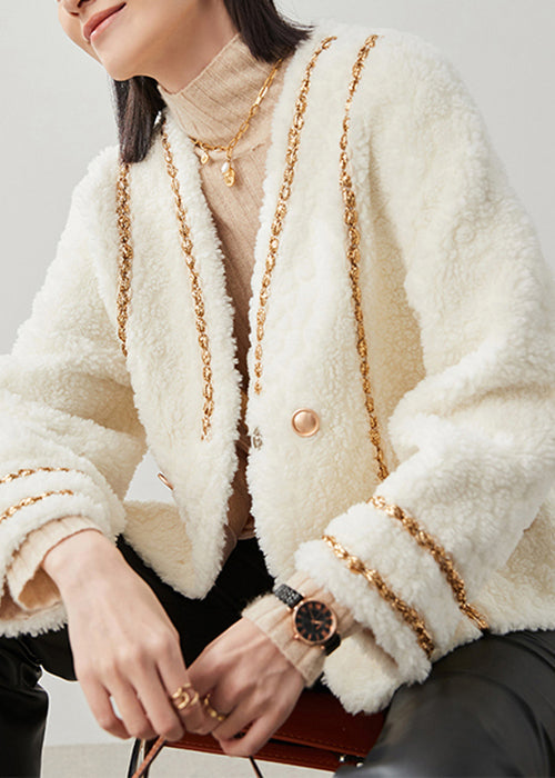 French White V Neck Button Patchwork Woolen Coats Winter