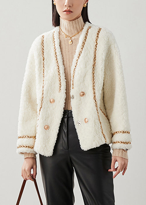 French White V Neck Button Patchwork Woolen Coats Winter