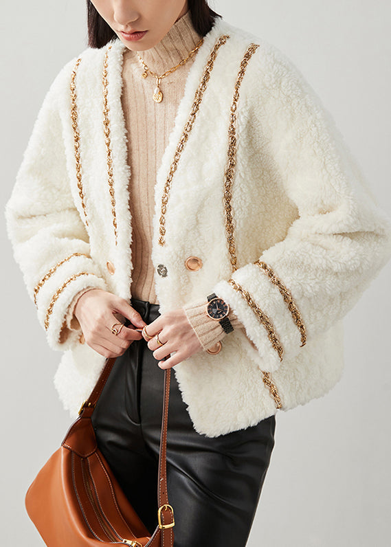 French White V Neck Button Patchwork Woolen Coats Winter