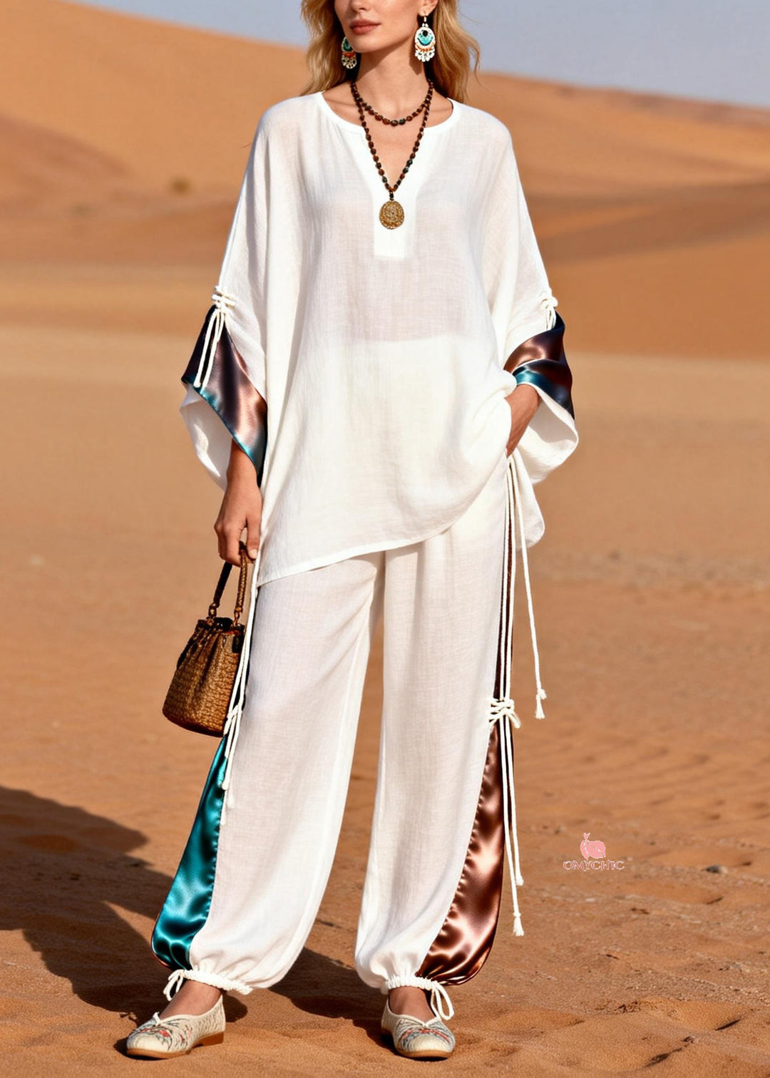 French White V Neck Drawstring Silk Patchwork Two Piece Set Spring