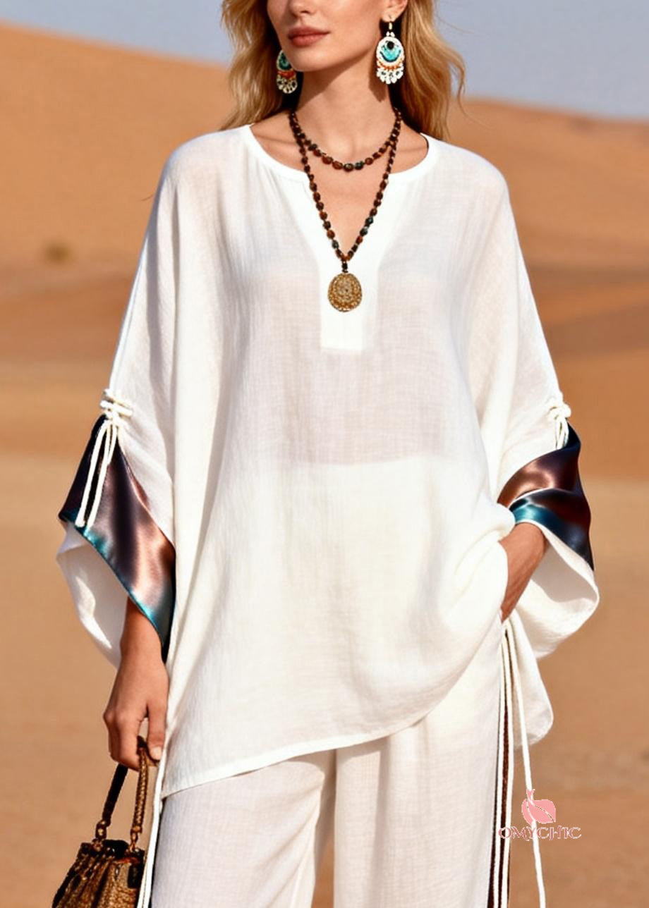 French White V Neck Drawstring Silk Patchwork Two Piece Set Spring