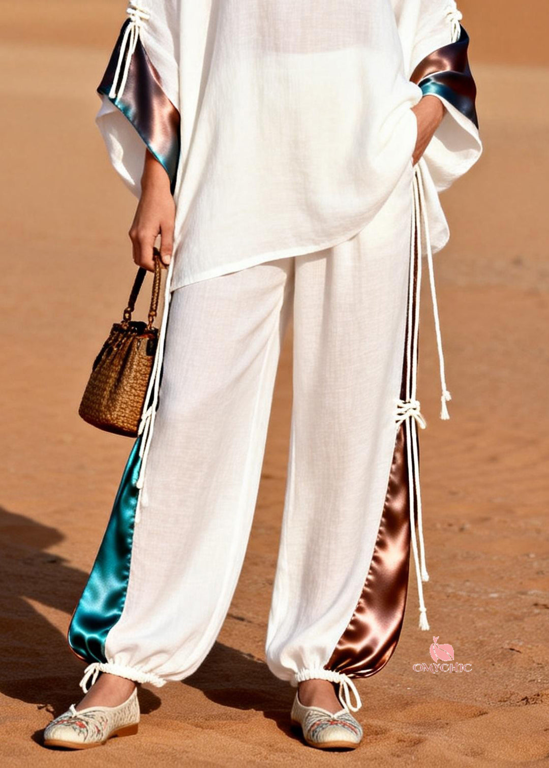 French White V Neck Drawstring Silk Patchwork Two Piece Set Spring