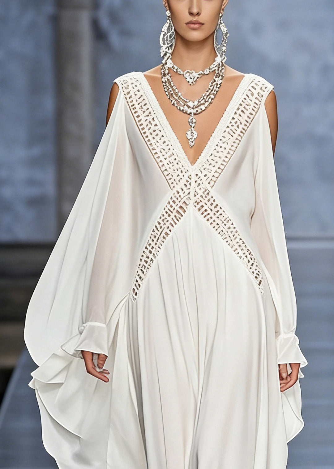 French White V Neck Hollow Out Chiffon Maxi Dresses Butterfly Sleeve