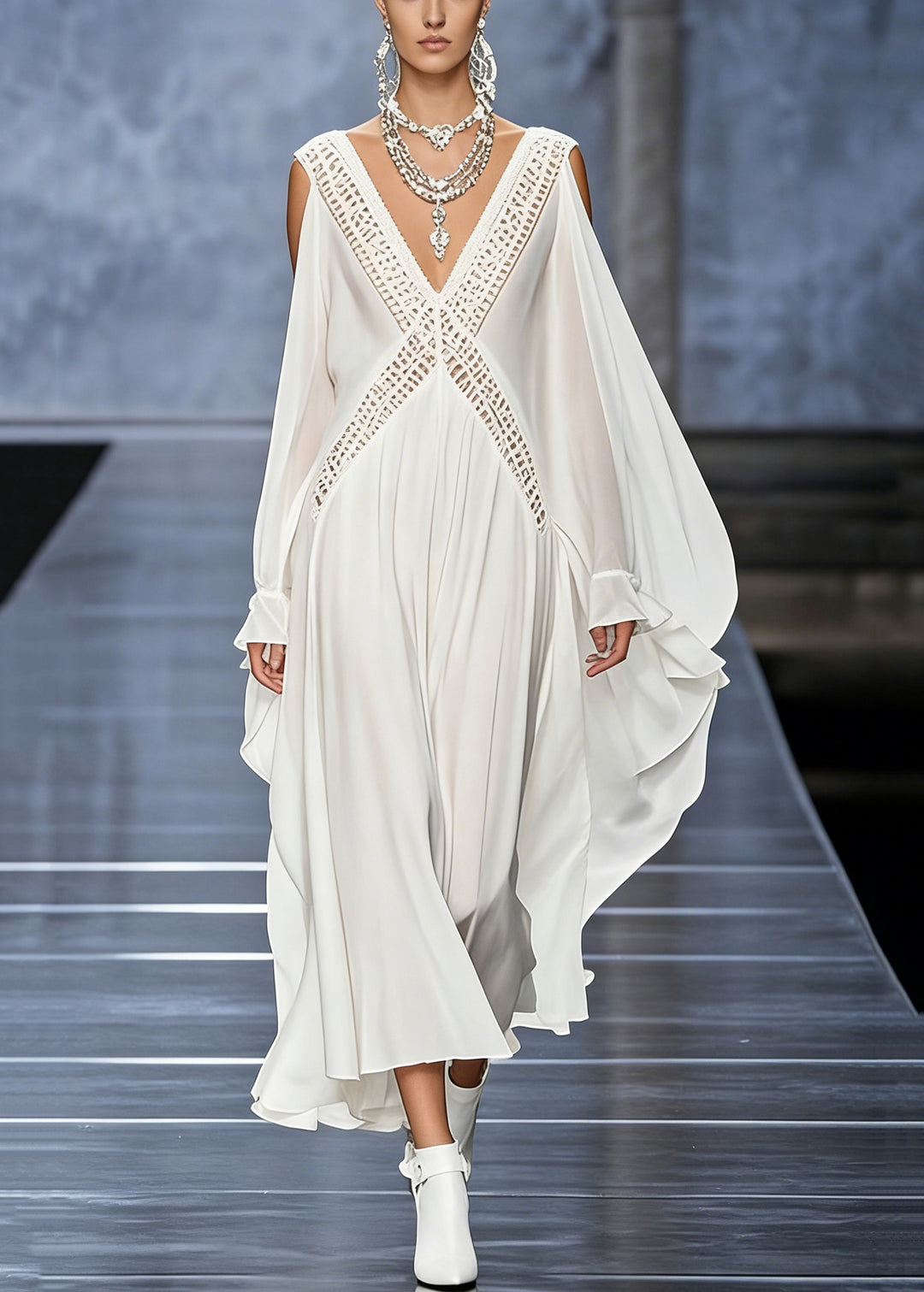 French White V Neck Hollow Out Chiffon Maxi Dresses Butterfly Sleeve
