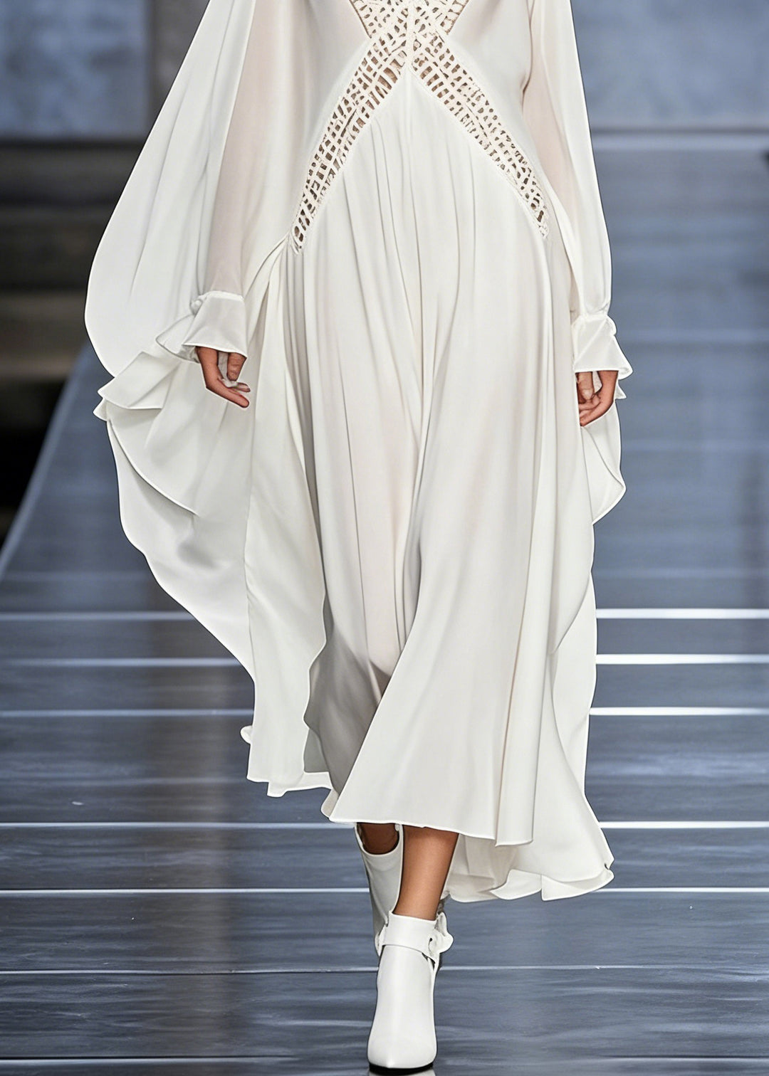 French White V Neck Hollow Out Chiffon Maxi Dresses Butterfly Sleeve