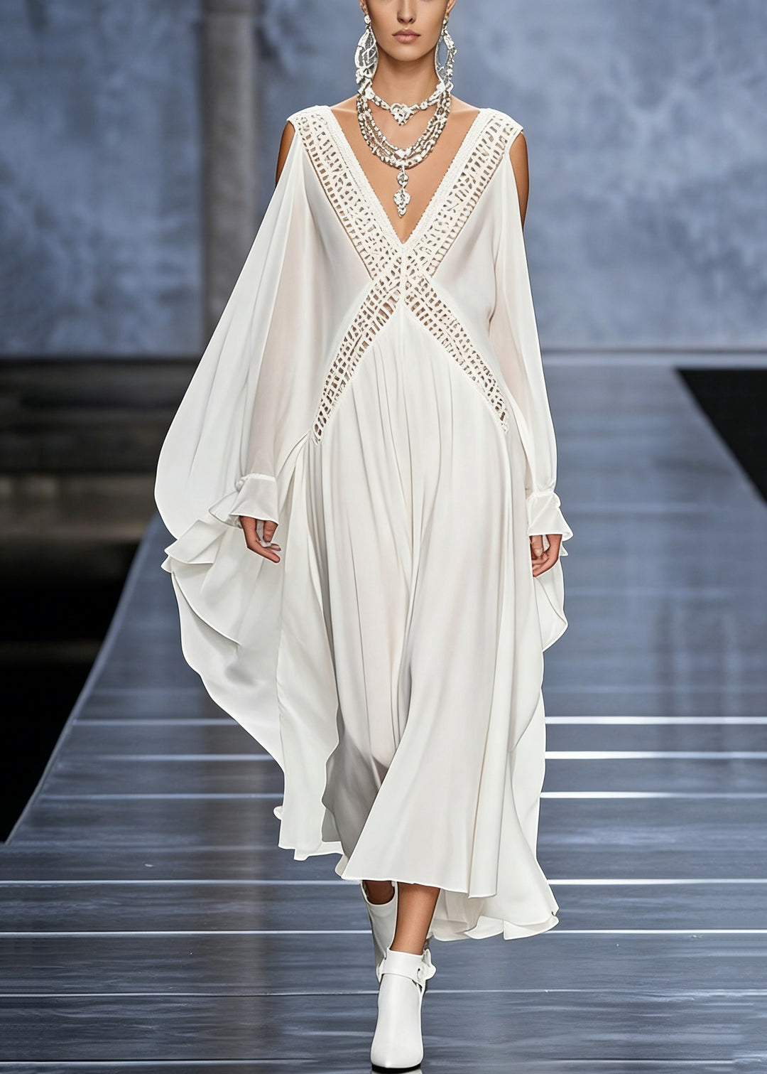 French White V Neck Hollow Out Chiffon Maxi Dresses Butterfly Sleeve