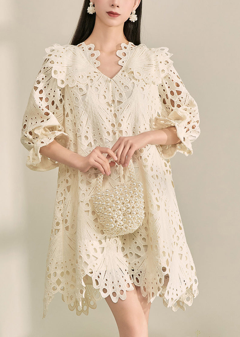French White V Neck Hollow Out Holiday Mid Dress Fall