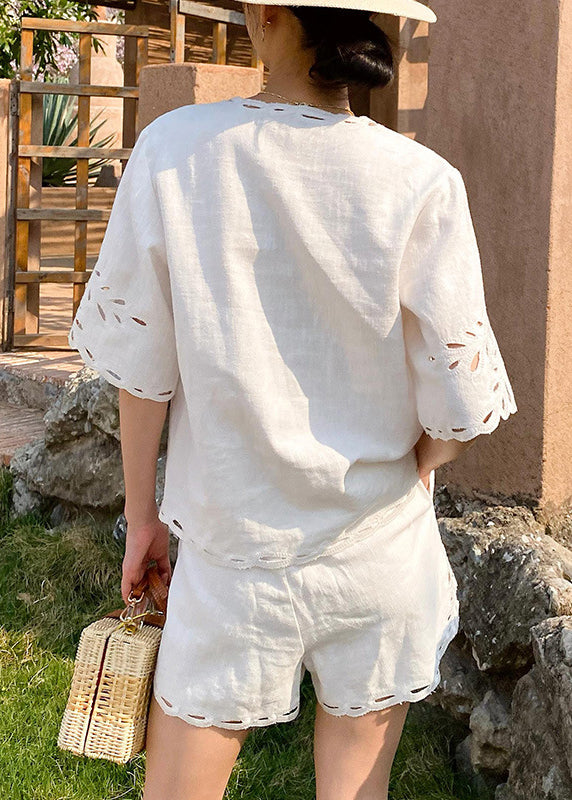 French White V Neck Hollow Out Tops And Shorts Linen Two Pieces Set Half Sleeve