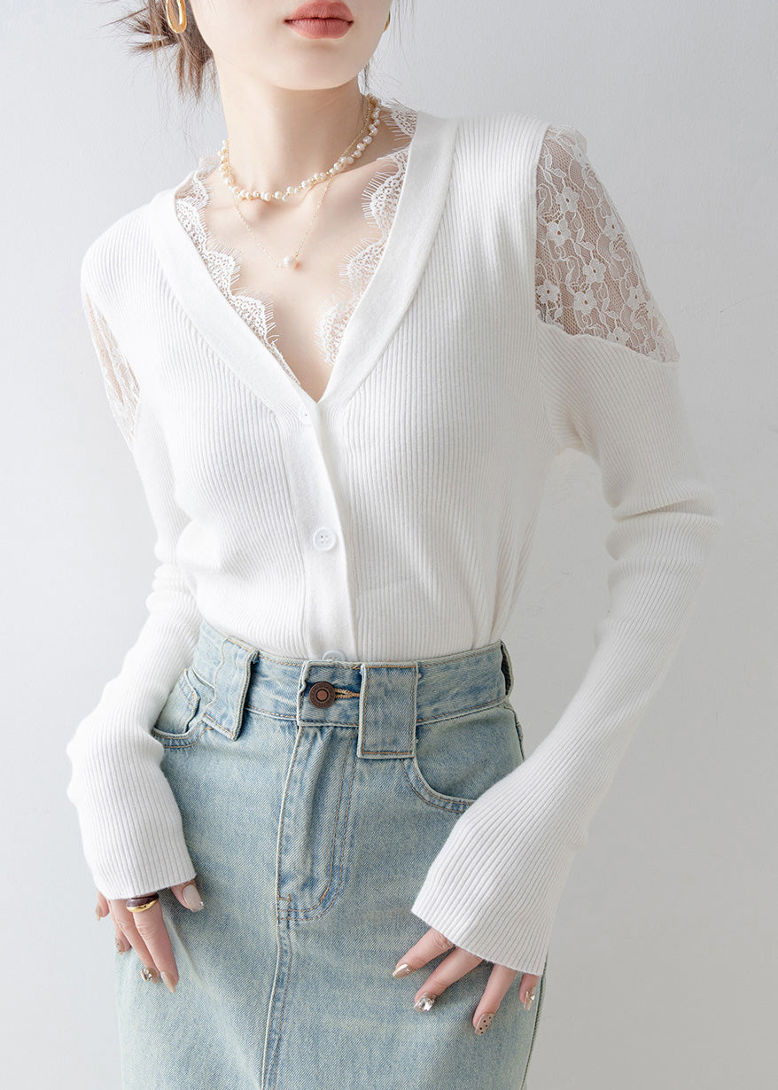 French White V Neck Lace Patchwork Knit Sweater Spring