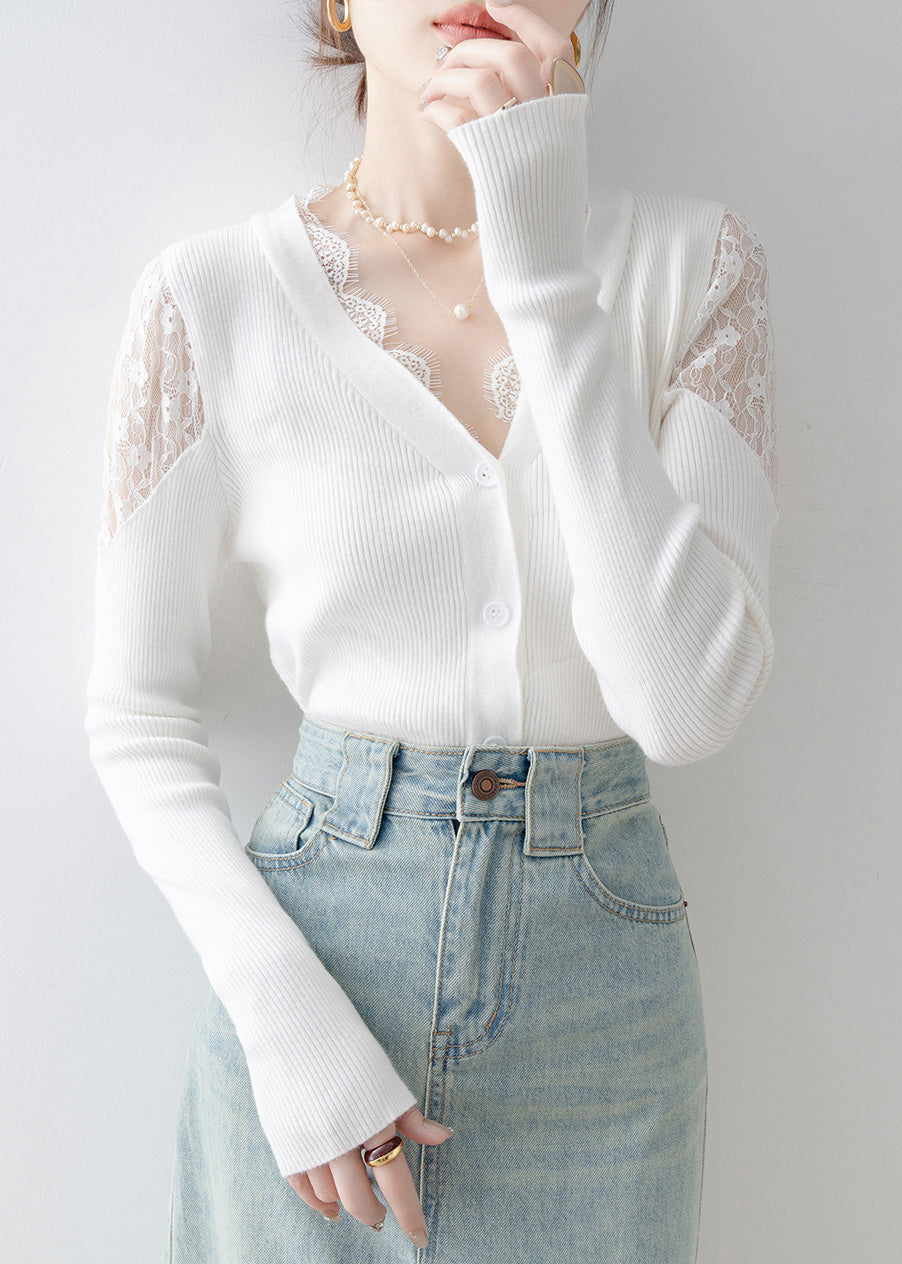 French White V Neck Lace Patchwork Knit Sweater Spring
