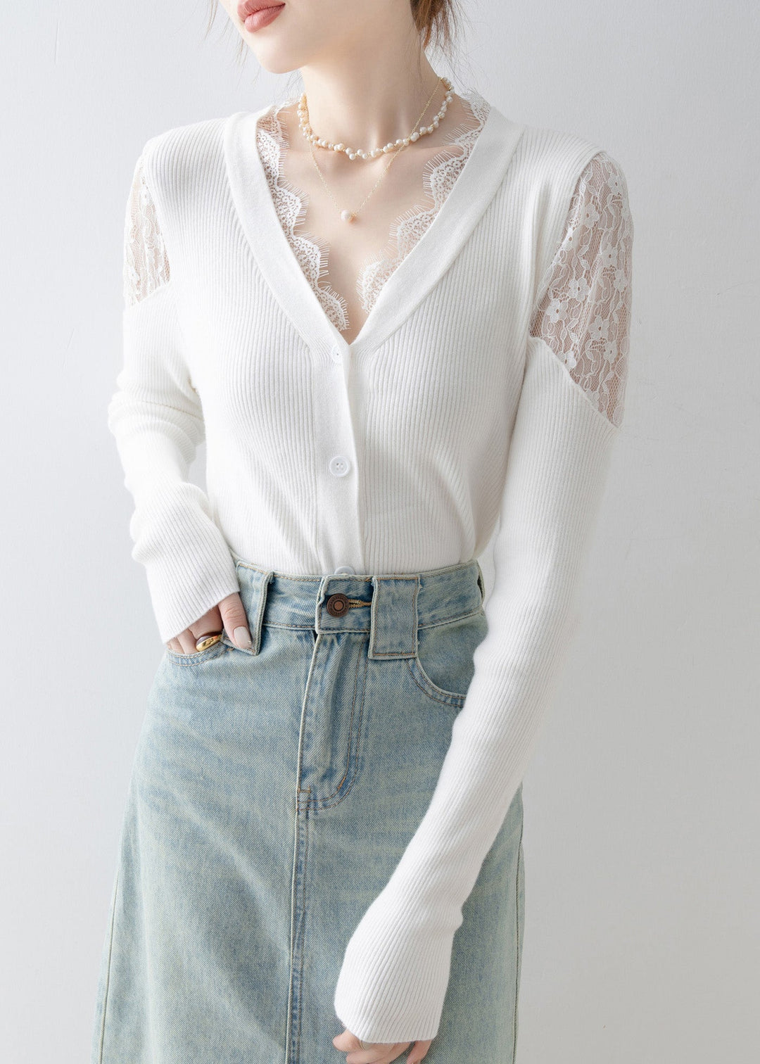 French White V Neck Lace Patchwork Knit Sweater Spring