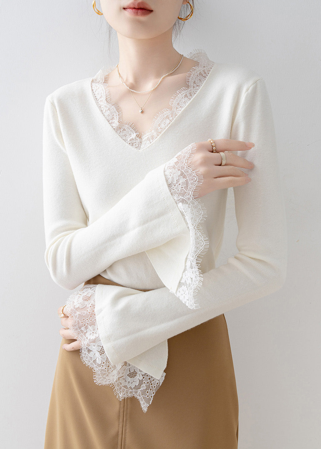 French White V Neck Lace Patchwork Knit Top Flare Sleeve