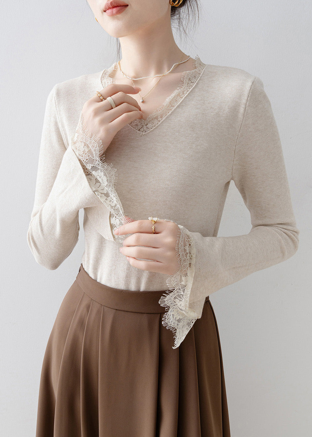 French White V Neck Lace Patchwork Knit Top Flare Sleeve