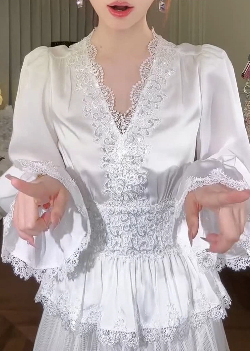 French White V Neck Lace Patchwork Silk Shirt Flare Sleeve