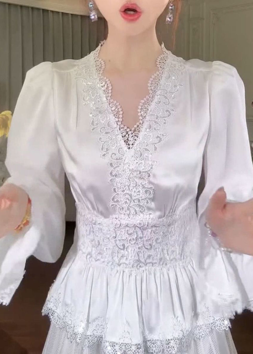 French White V Neck Lace Patchwork Silk Shirt Flare Sleeve