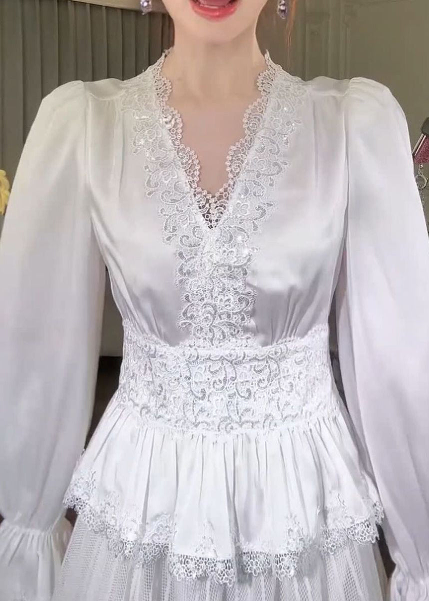 French White V Neck Lace Patchwork Silk Shirt Flare Sleeve