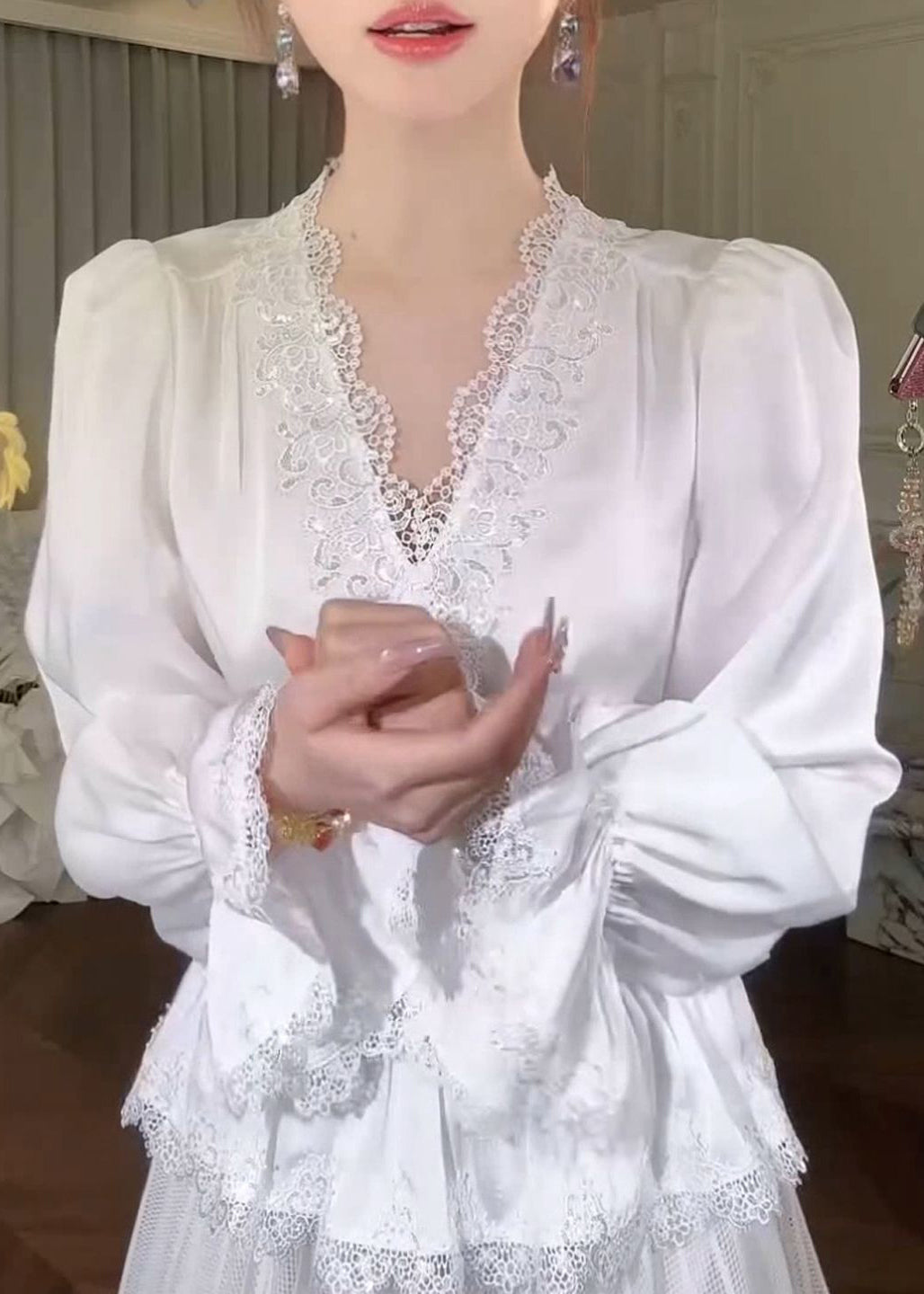 French White V Neck Lace Patchwork Silk Shirt Flare Sleeve