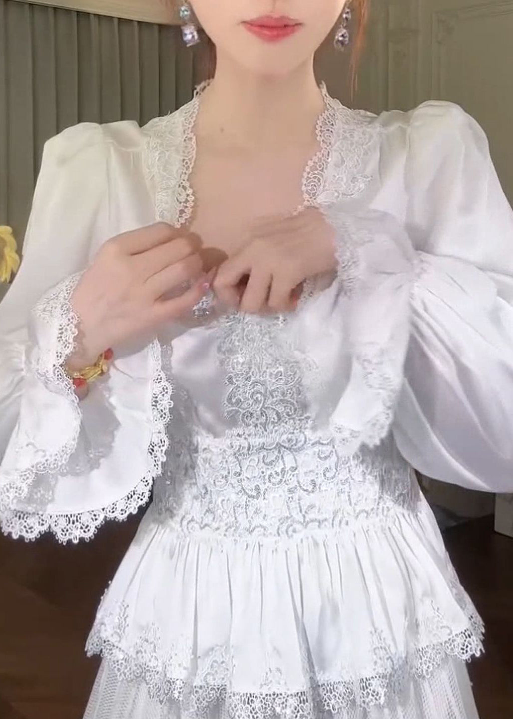 French White V Neck Lace Patchwork Silk Shirt Flare Sleeve