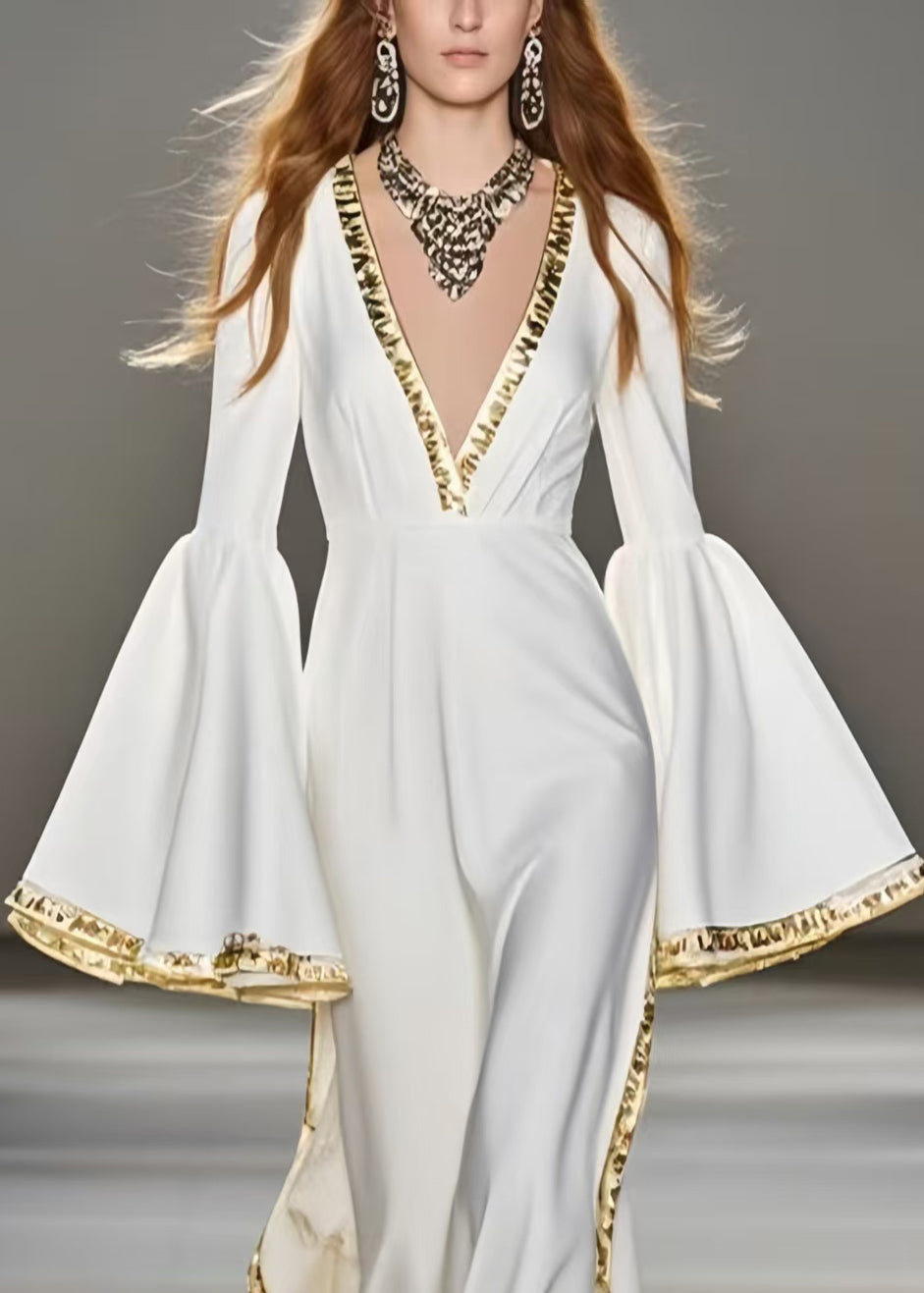 French White V Neck Patchwork Chiffon Party Dress Flare Sleeve