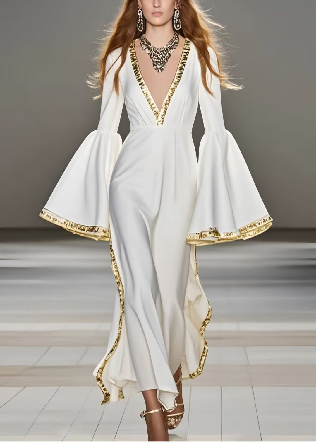 French White V Neck Patchwork Chiffon Party Dress Flare Sleeve