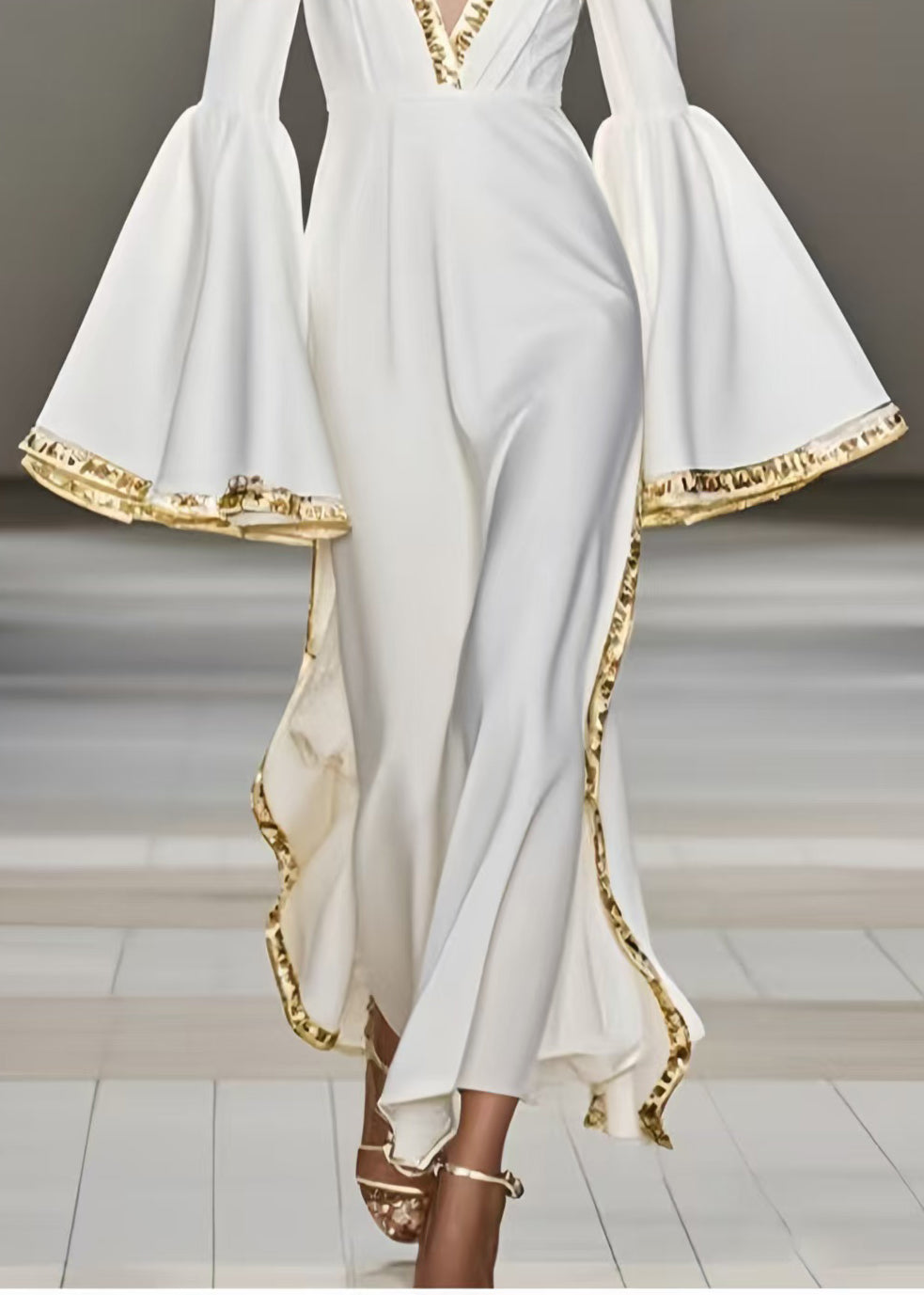 French White V Neck Patchwork Chiffon Party Dress Flare Sleeve