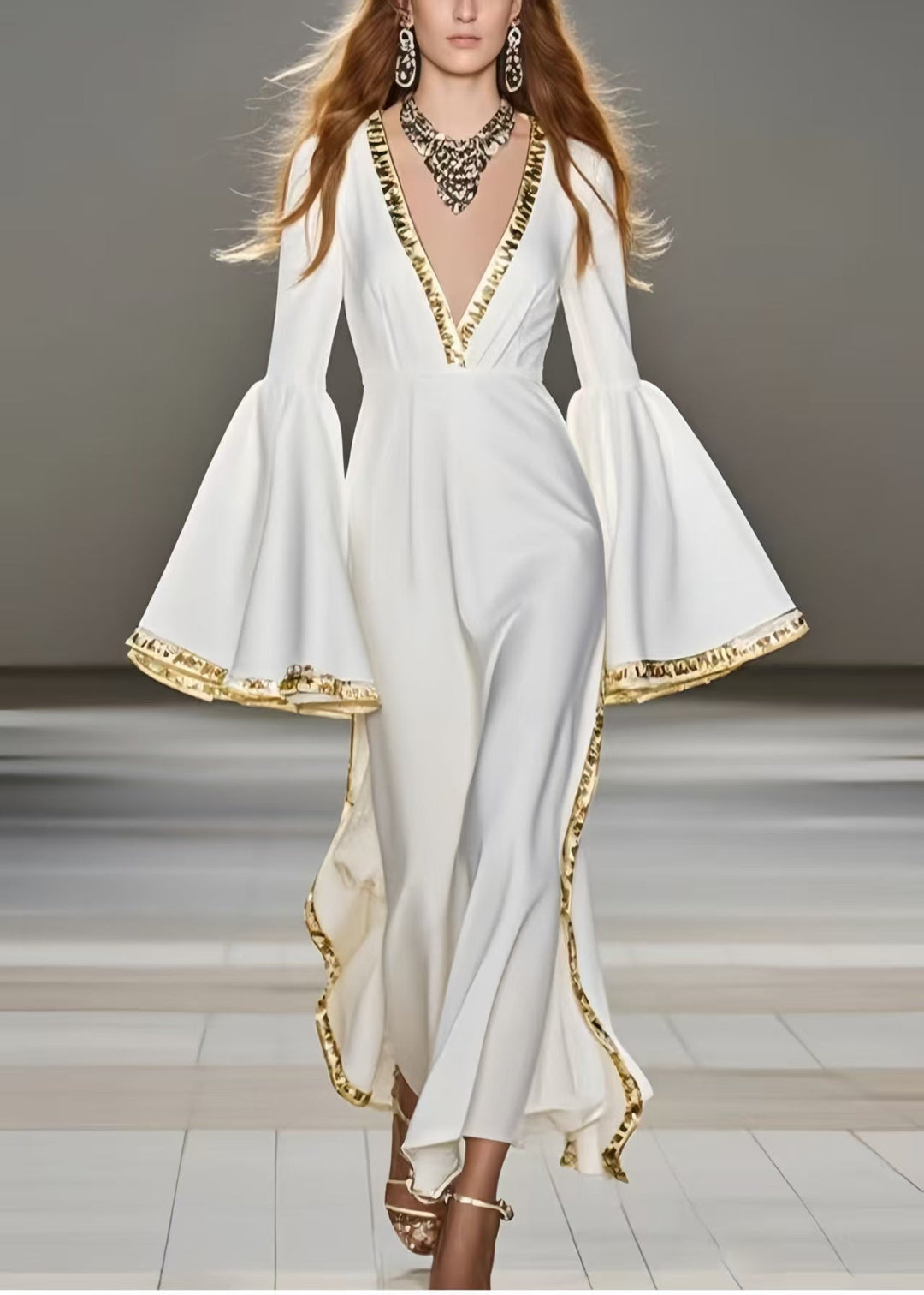 French White V Neck Patchwork Chiffon Party Dress Flare Sleeve