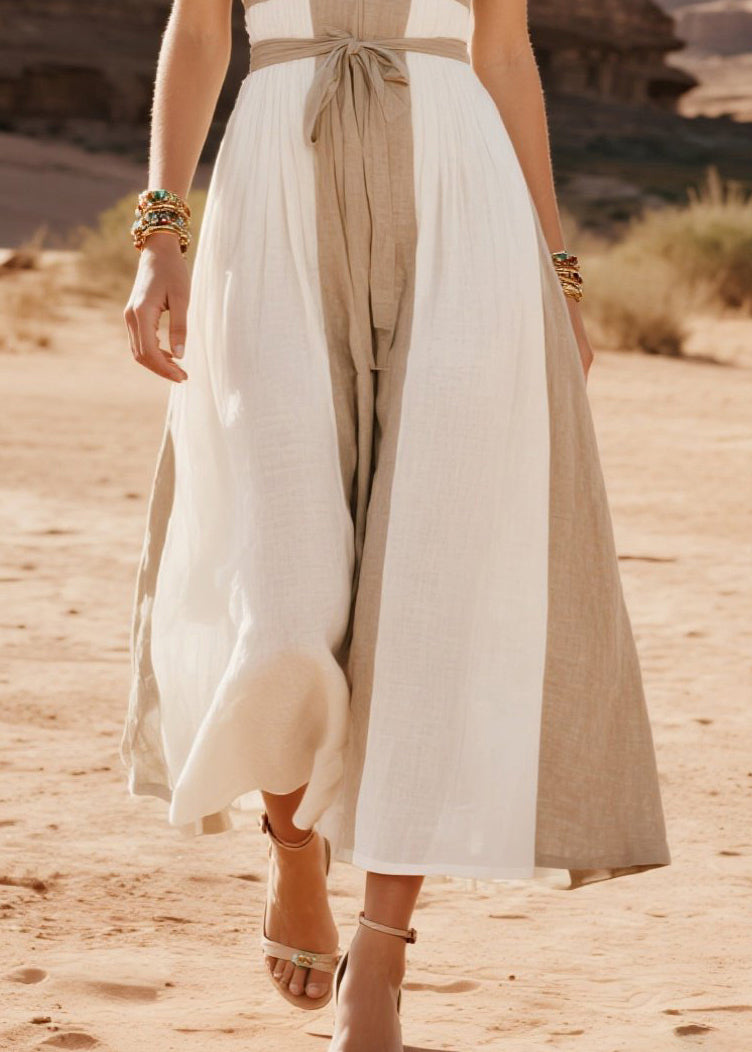 French White V Neck Patchwork Cotton Holiday Dress Summer