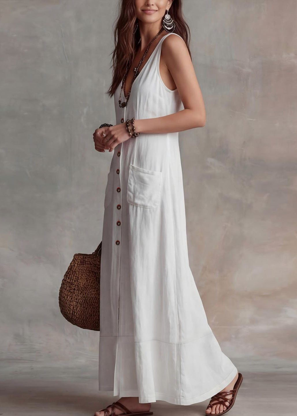 French White V Neck Pockets Patchwork Cotton Long Dresses Sleeveless