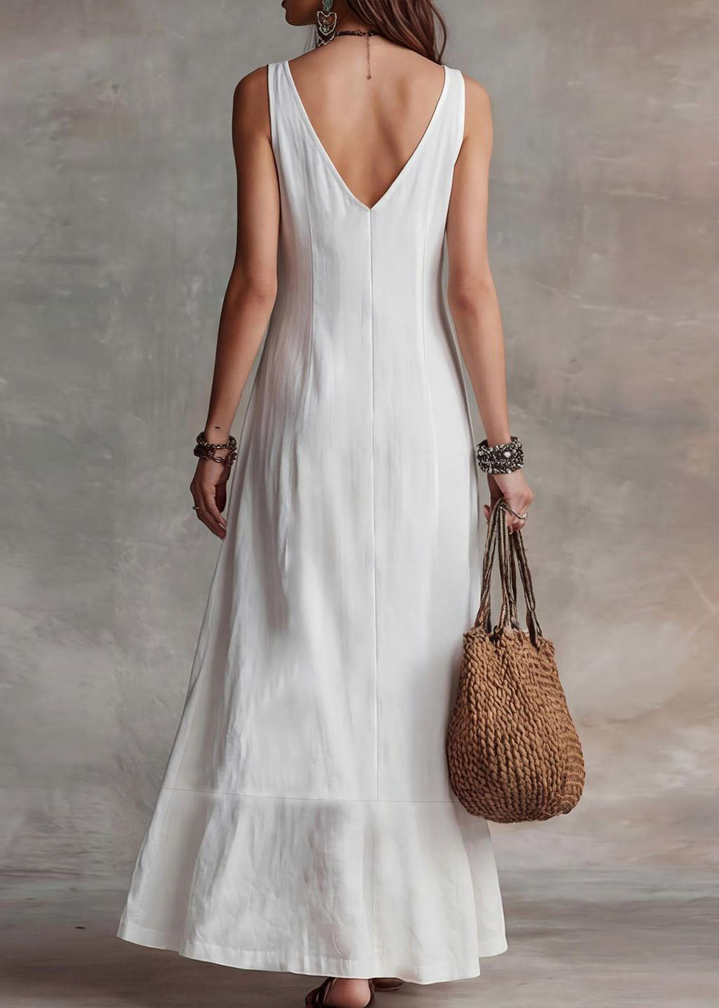 French White V Neck Pockets Patchwork Cotton Long Dresses Sleeveless