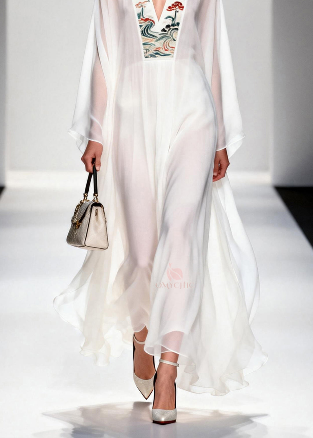 French White V Neck Print Chiffon Long Dresses Summer