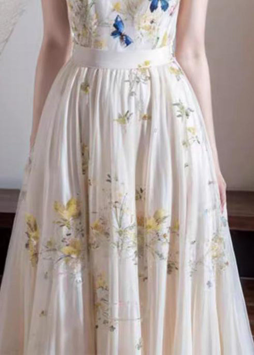 French White V Neck Print Cotton Long Dresses Sleeveless