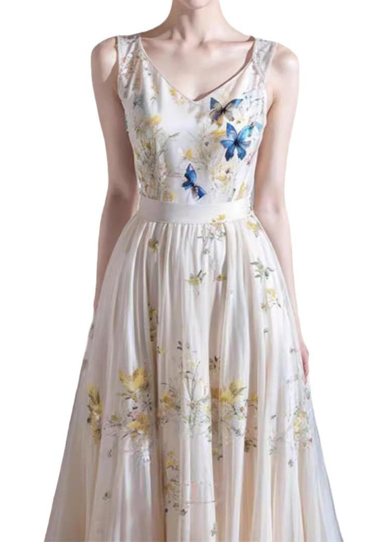 French White V Neck Print Cotton Long Dresses Sleeveless