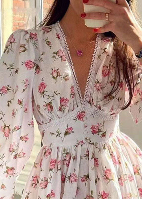 French White V Neck Print Cotton Mini Dress Long Sleeve