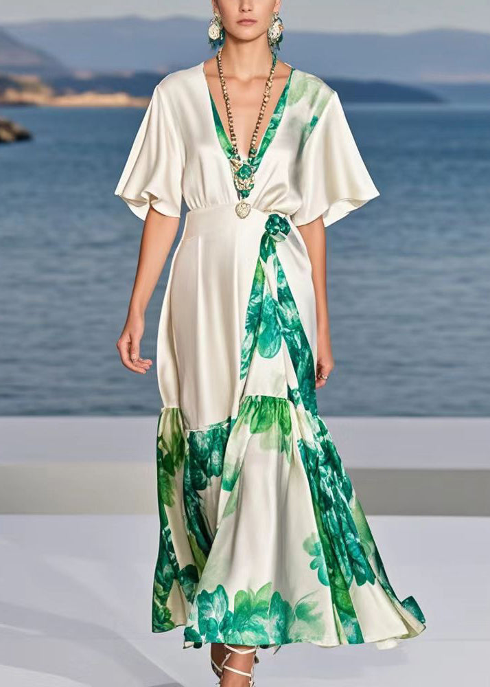 French White V Neck Print Silk Ankle Dress Summer