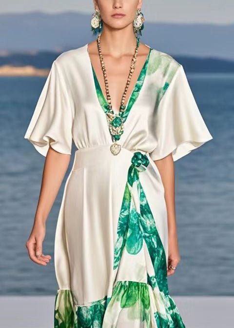 French White V Neck Print Silk Ankle Dress Summer