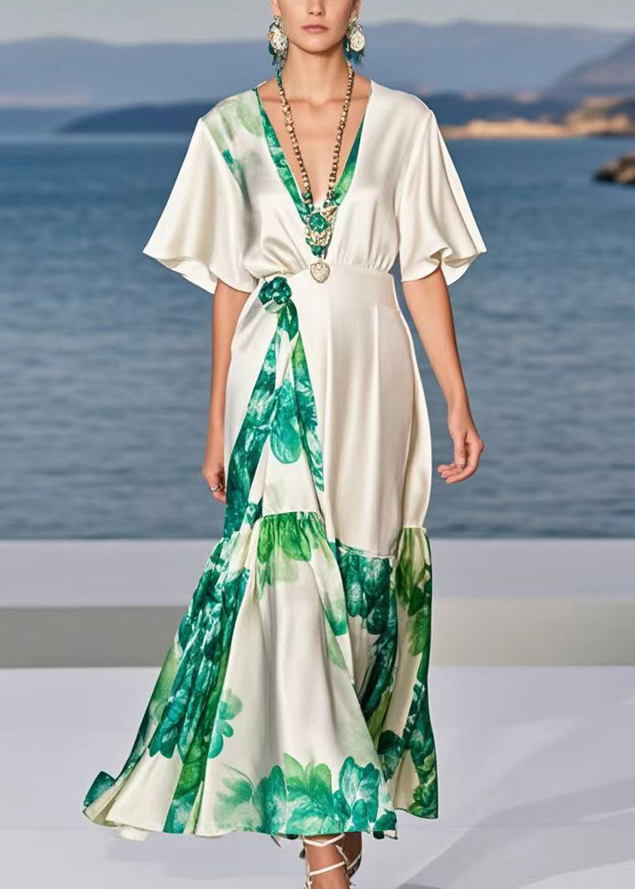 French White V Neck Print Silk Ankle Dress Summer