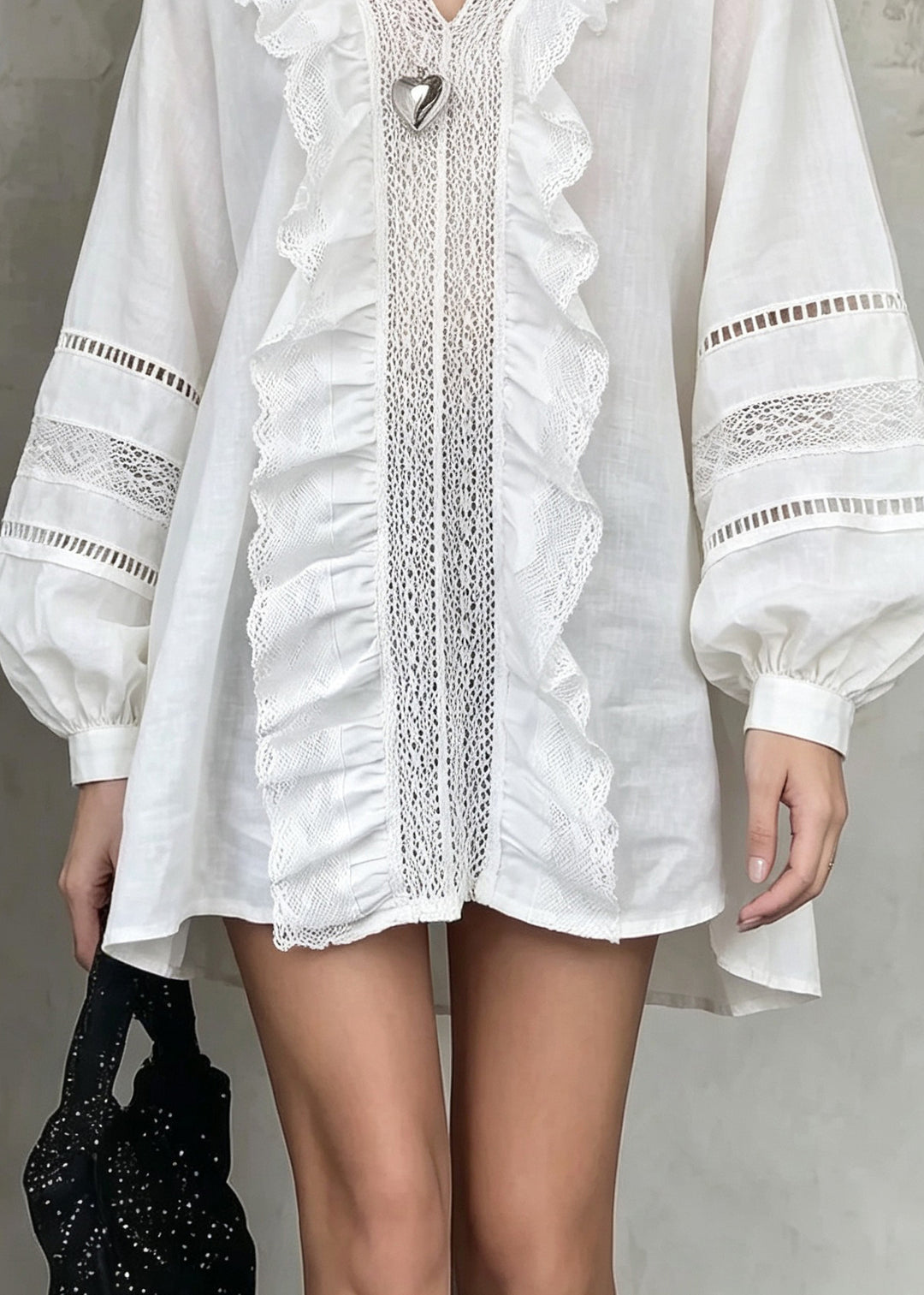 French White V Neck Ruffled Hollow Out Patchwork Cotton Shirt Fall