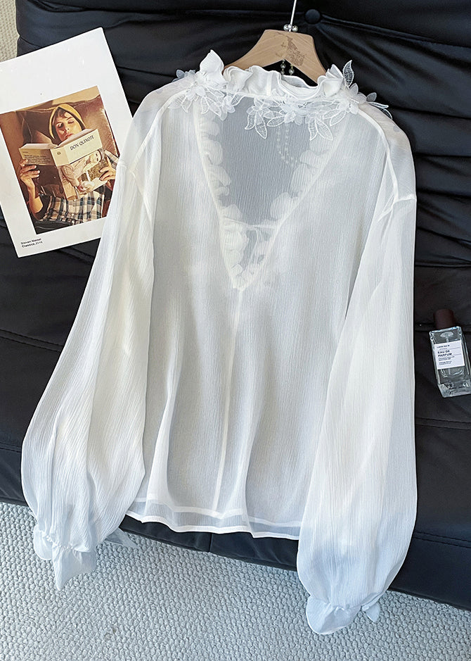 French White V Neck Ruffled Lace Up Cotton Shirt Fall