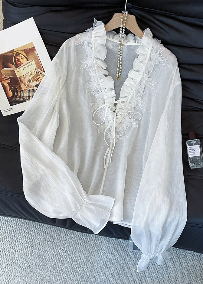 French White V Neck Ruffled Lace Up Cotton Shirt Fall