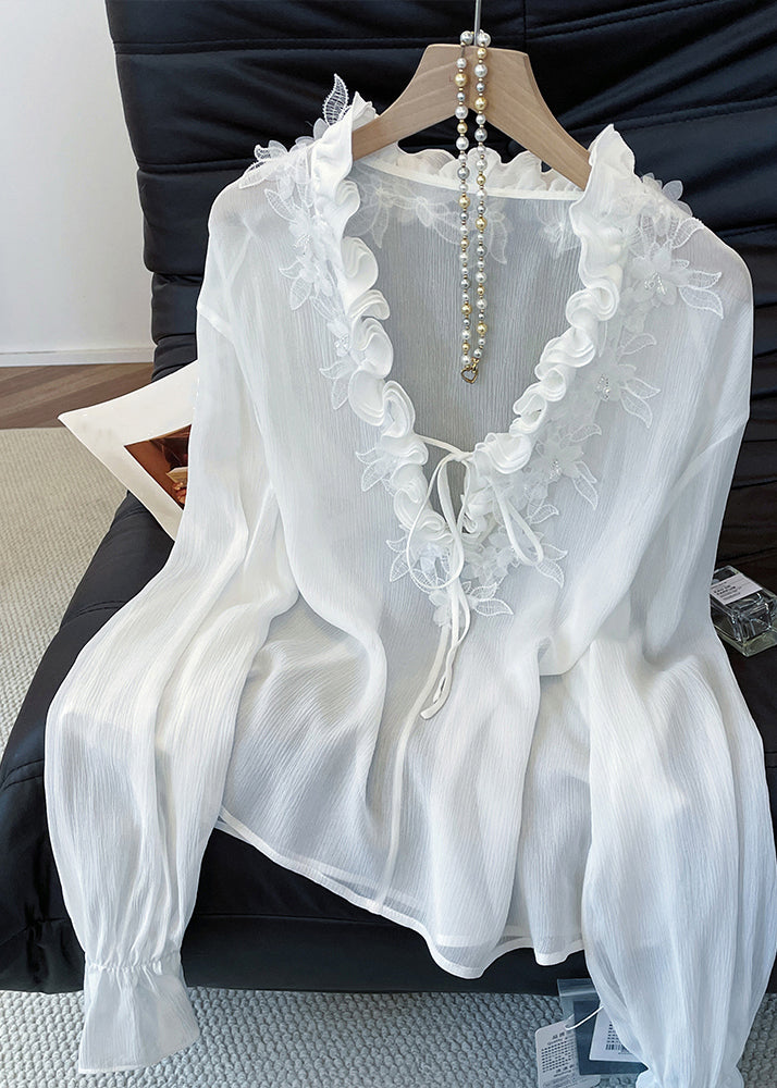 French White V Neck Ruffled Lace Up Cotton Shirt Fall
