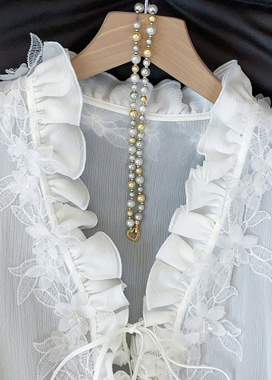 French White V Neck Ruffled Lace Up Cotton Shirt Fall