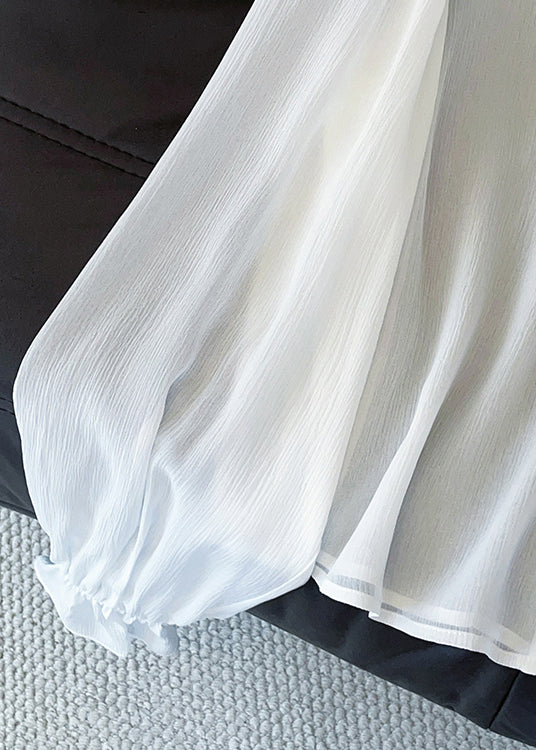 French White V Neck Ruffled Lace Up Cotton Shirt Fall