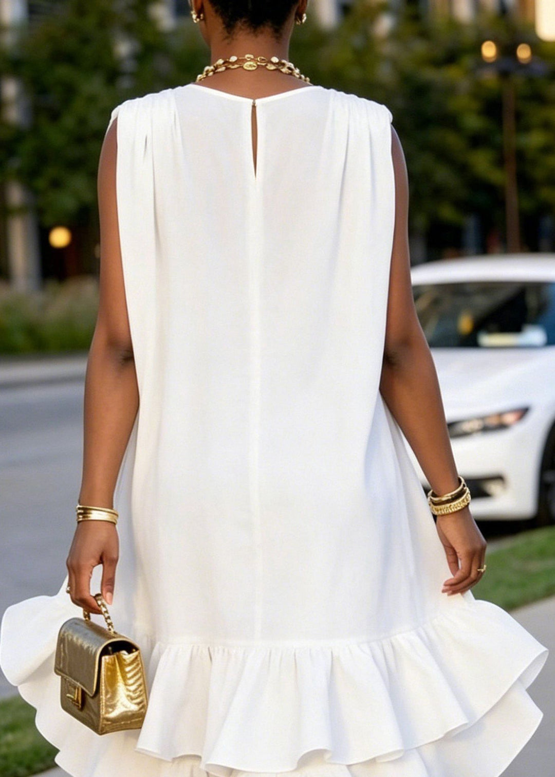 French White V Neck Ruffled Patchwork Cotton Mid Dresses Summer