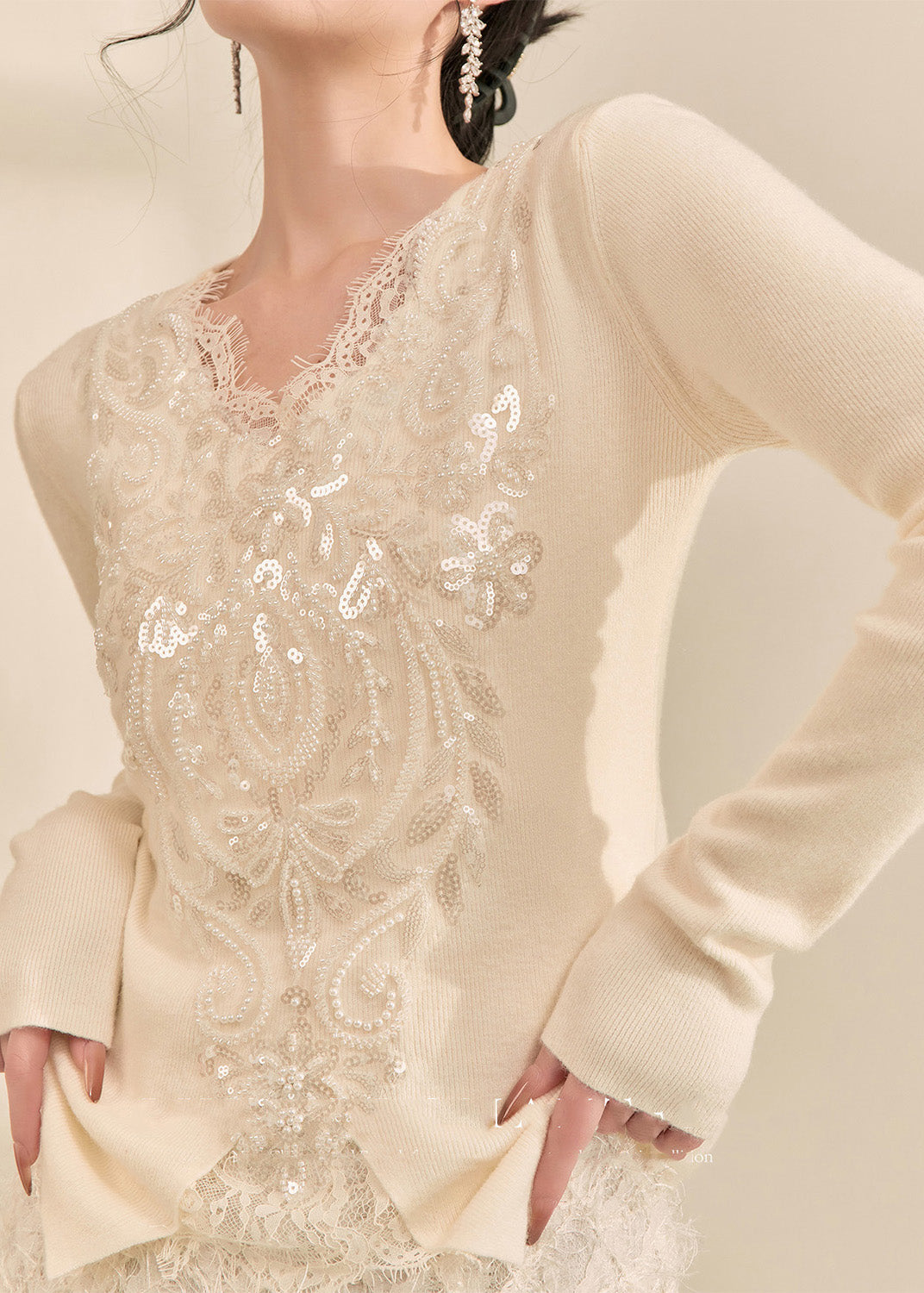 French White V Neck Sequins Lace Patchwork Knit Top Spring