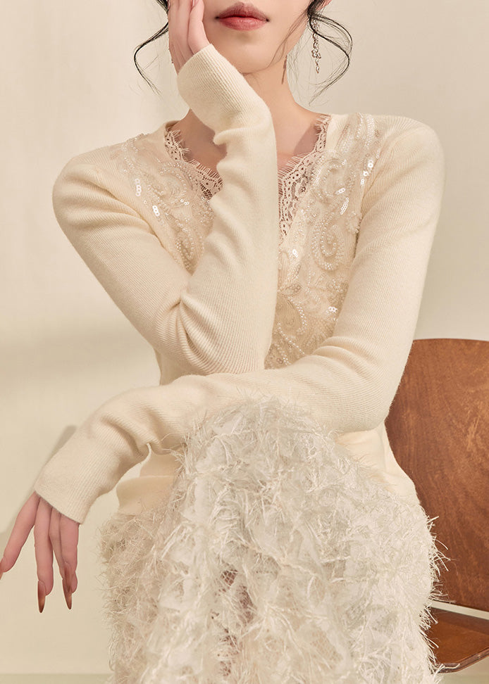 French White V Neck Sequins Lace Patchwork Knit Top Spring