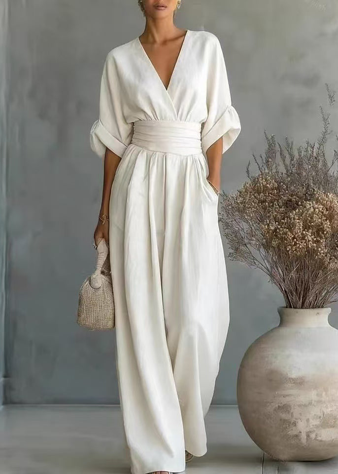 French White V Neck Silm Fit Linen Jumpsuit Summer