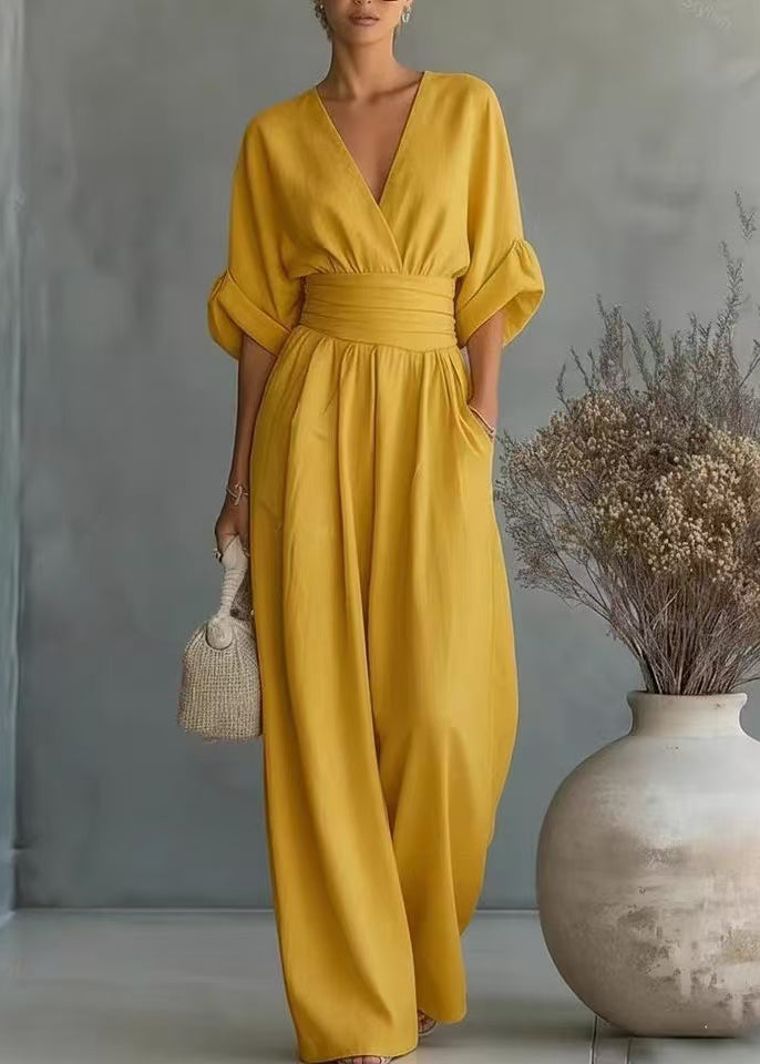 French White V Neck Silm Fit Linen Jumpsuit Summer