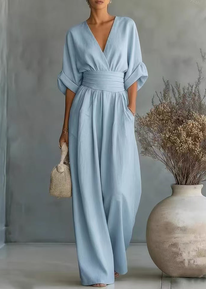 French White V Neck Silm Fit Linen Jumpsuit Summer