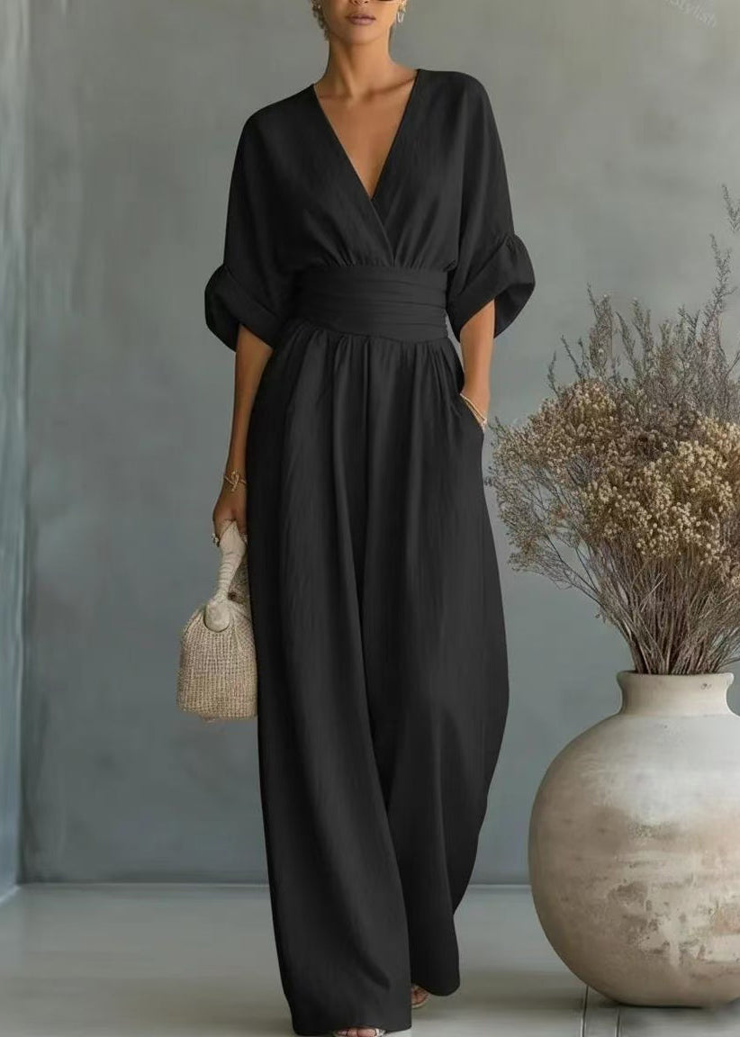 French White V Neck Silm Fit Linen Jumpsuit Summer